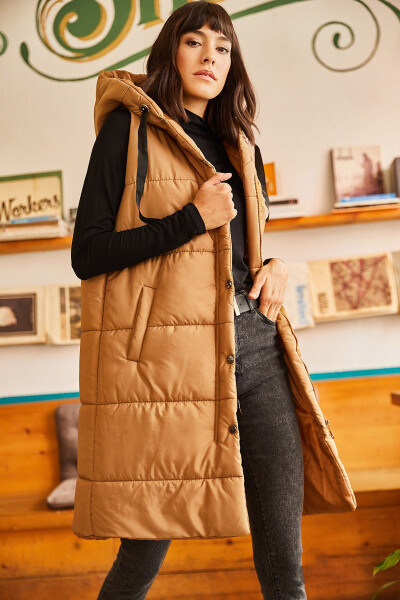 Women's Milk Coffee Hooded Pocket Puffer Vest YLK-19000007 - 7