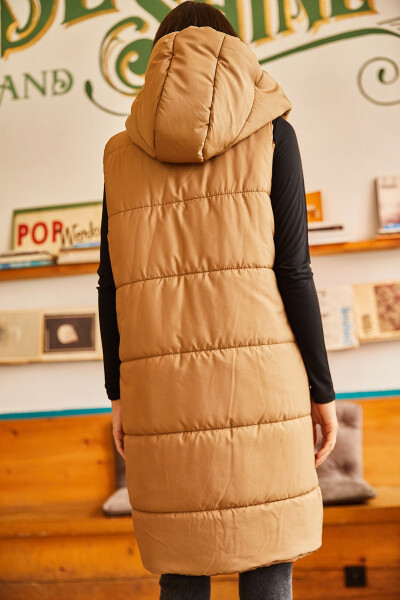 Women's Milk Coffee Hooded Pocket Puffer Vest YLK-19000007 - 9