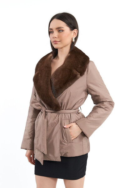 Women's Mink English Collar Tie-Waist Belted Regular Short Coat - 4