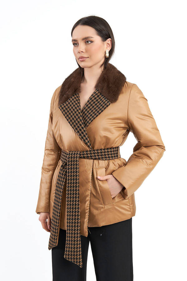 Women's Mink Fur Belted English Collar Belted Winter Plus Size Coat - 10