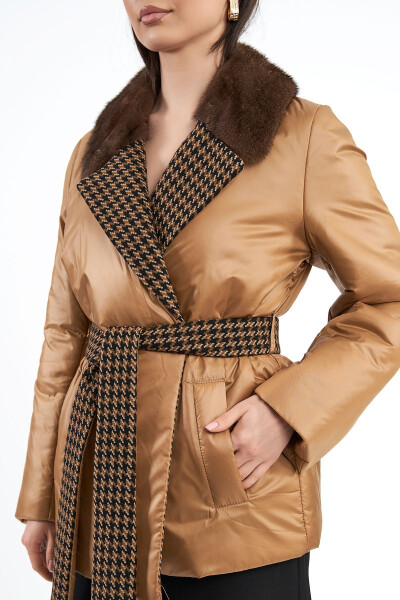 Women's Mink Fur Belted English Collar Belted Winter Plus Size Coat - 11