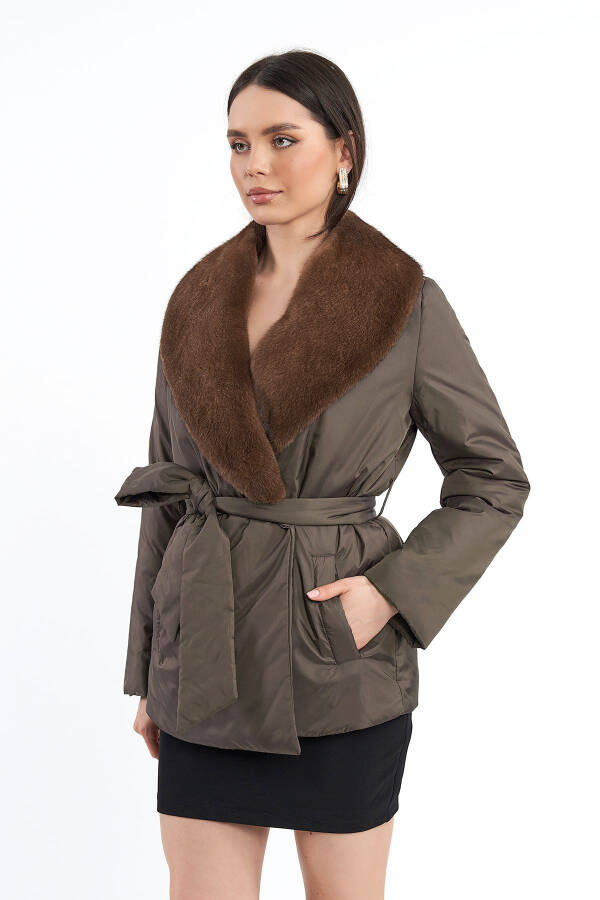 Women's Mink Fur English Collar Belt Tie Regular Short Coat - 4