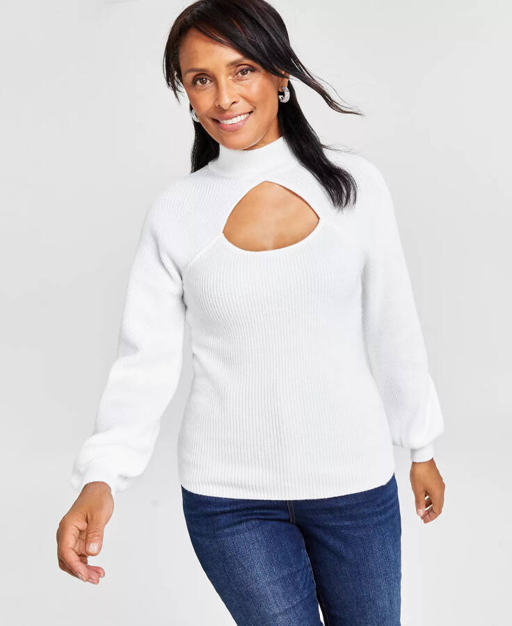 Women's Mock Neck Cutout Blouson-Sleeve Sweater, Created for Macy's Washed White - 2