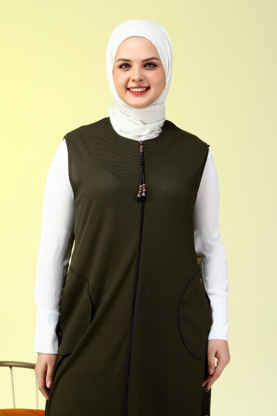 Women's Modest Clothing Long Summer Pocket Zippered Vest Khaki - 8