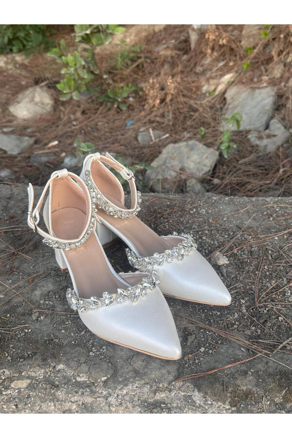 Women's Mother-of-Pearl Broken White Comfortable 5 cm Thick Heeled Stone-Embellished Evening Bridal Party Prom Shoes - 2