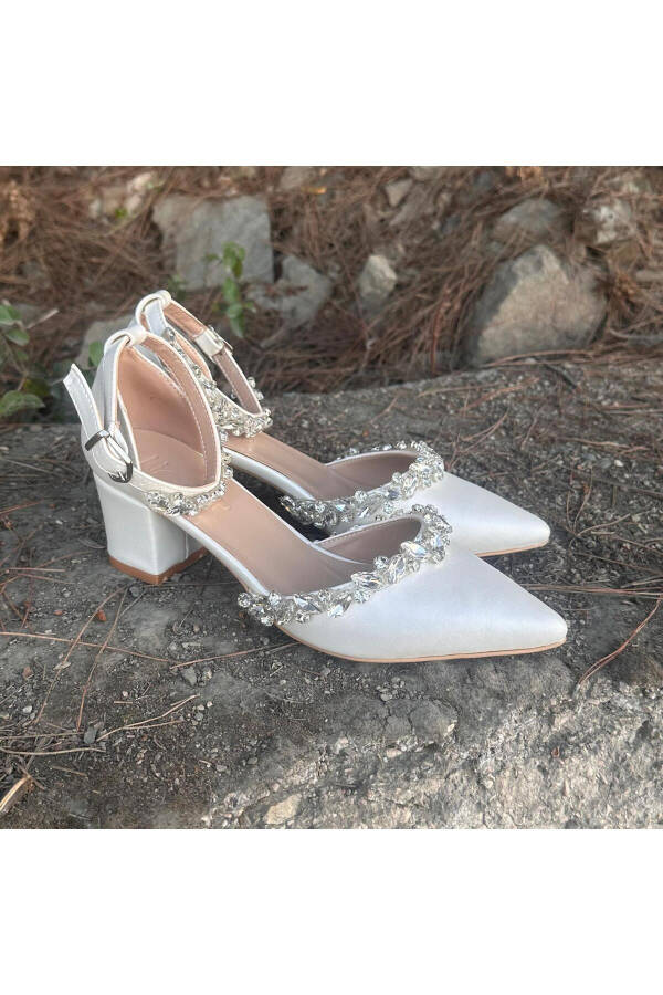 Women's Mother-of-Pearl Broken White Comfortable 5 cm Thick Heeled Stone-Embellished Evening Bridal Party Prom Shoes - 3