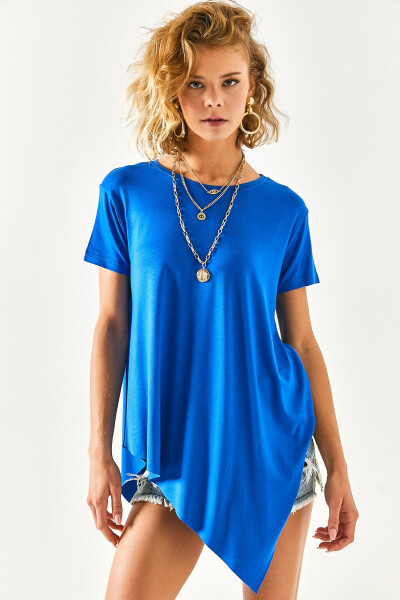 Women's Mustard Blue Asymmetrical Loose Tunic TNK-19000014 - 2