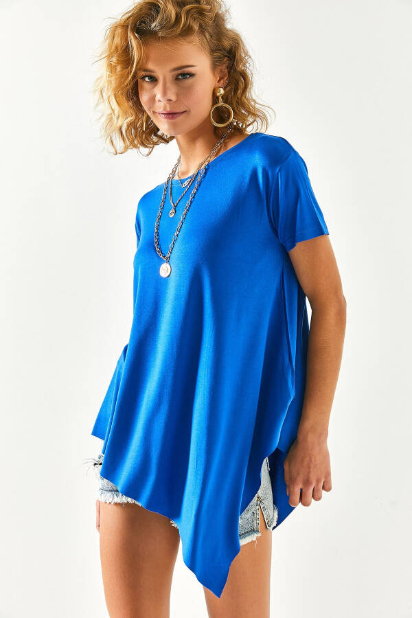 Women's Mustard Blue Asymmetrical Loose Tunic TNK-19000014 - 3