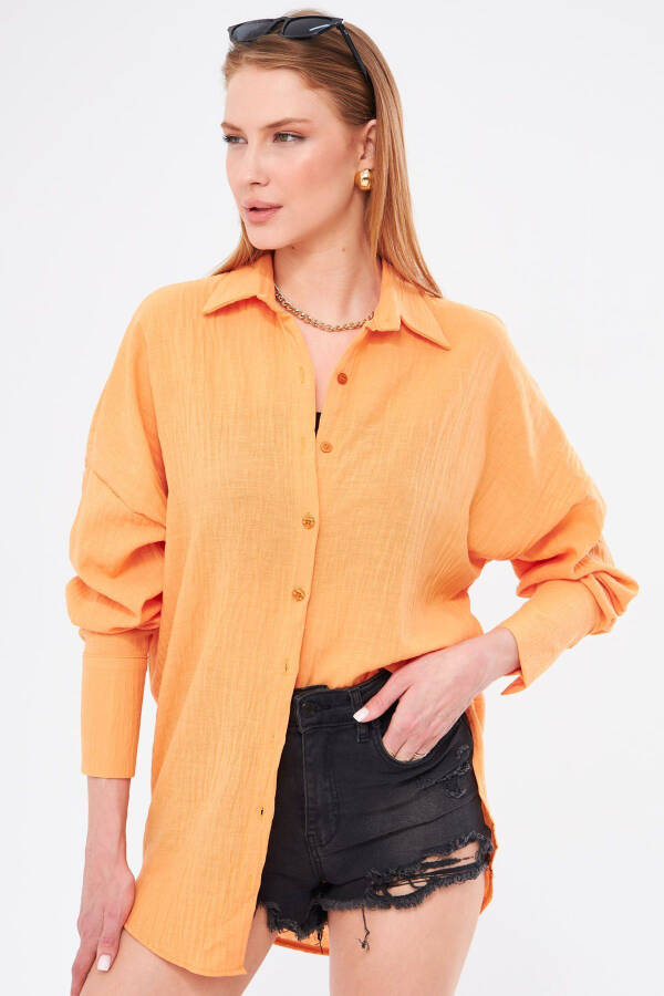 Women's Mustard Oversized Textured Linen Look Wide Sleeve Shirt ARM-24K001001 - 3