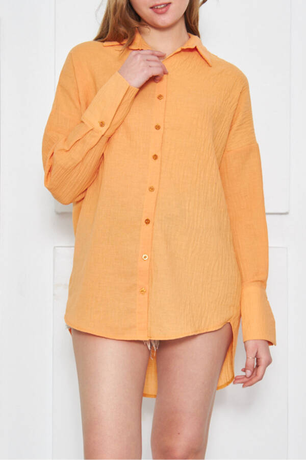 Women's Mustard Oversized Textured Linen Look Wide Sleeve Shirt ARM-24K001001 - 7