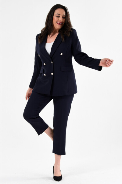 Women's Navy Blazer Jacket with Belt, Pocket and Wide Leg Trousers Plus Size Suit - 1