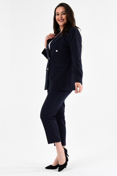 Women's Navy Blazer Jacket with Belt, Pocket and Wide Leg Trousers Plus Size Suit - 3