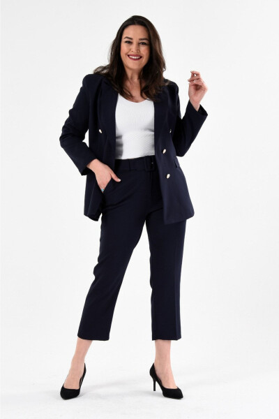 Women's Navy Blazer Jacket with Belt, Pocket and Wide Leg Trousers Plus Size Suit - 4