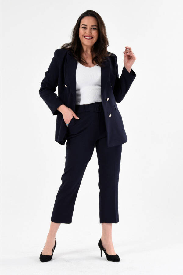 Women's Navy Blazer Jacket with Belt, Pocket and Wide Leg Trousers Plus Size Suit - 4