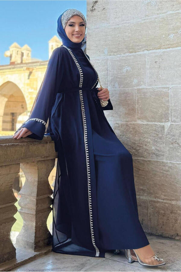 Women's Navy Blue Abaya Dress Set with Belt T 3948 - 1