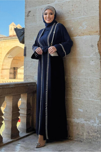 Women's Navy Blue Abaya Dress Set with Belt T 3948 - 5