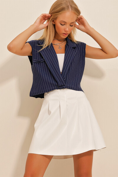 Women's Navy Blue Shirt Collar Net Striped Blouse ALC-X10724 - 4