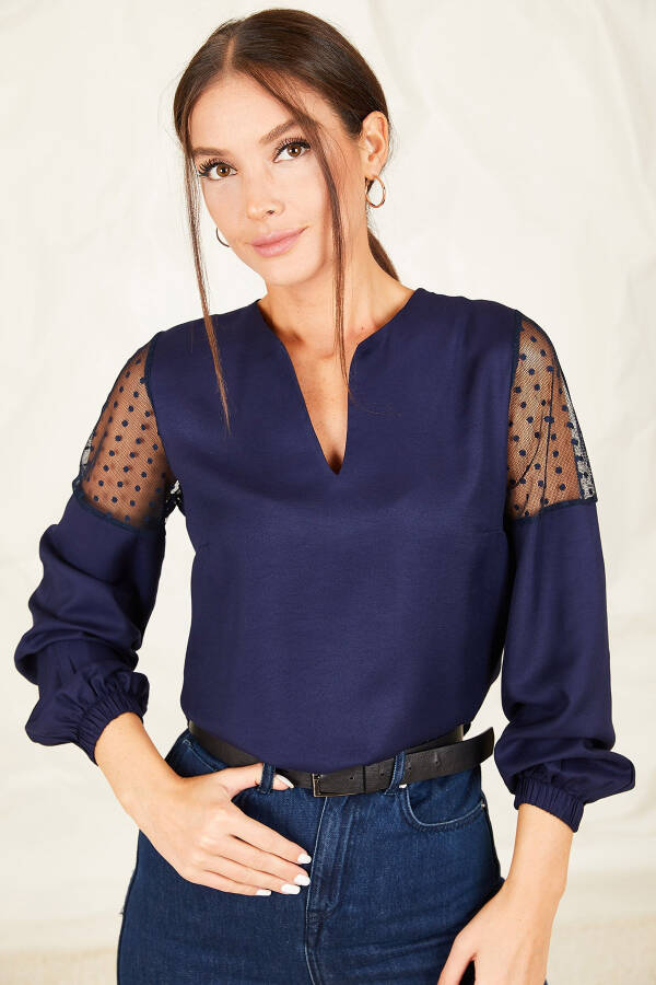 Women's Navy Blue V-Neck Puff Sleeve Tulle Blouse ARM-20K001038 - 5