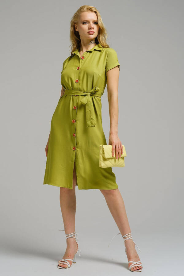 Women's Olive Green Belted Short Sleeve Shirt Dress ARM-19Y001068 - 1