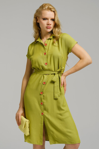 Women's Olive Green Belted Short Sleeve Shirt Dress ARM-19Y001068 - 7