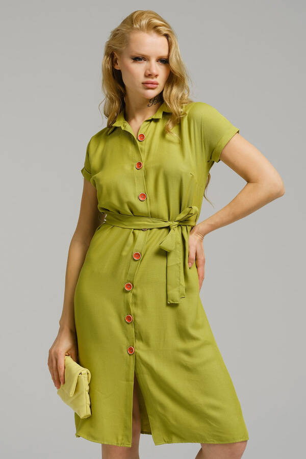 Women's Olive Green Belted Short Sleeve Shirt Dress ARM-19Y001068 - 7