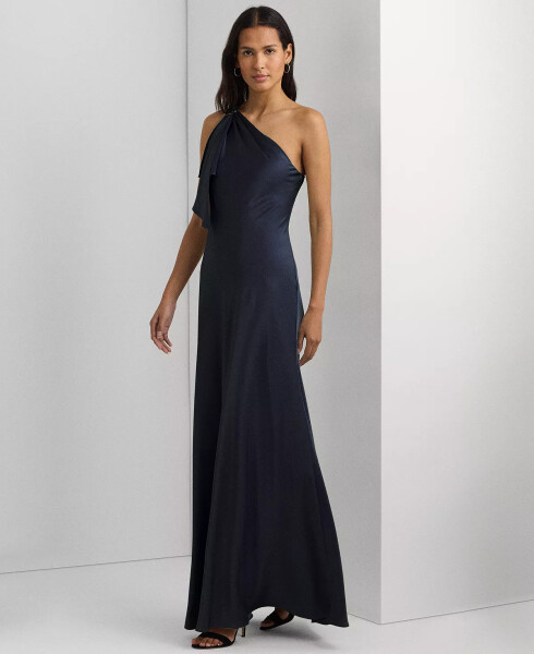 Women's One-Shoulder Satin Gown - Navy - 1