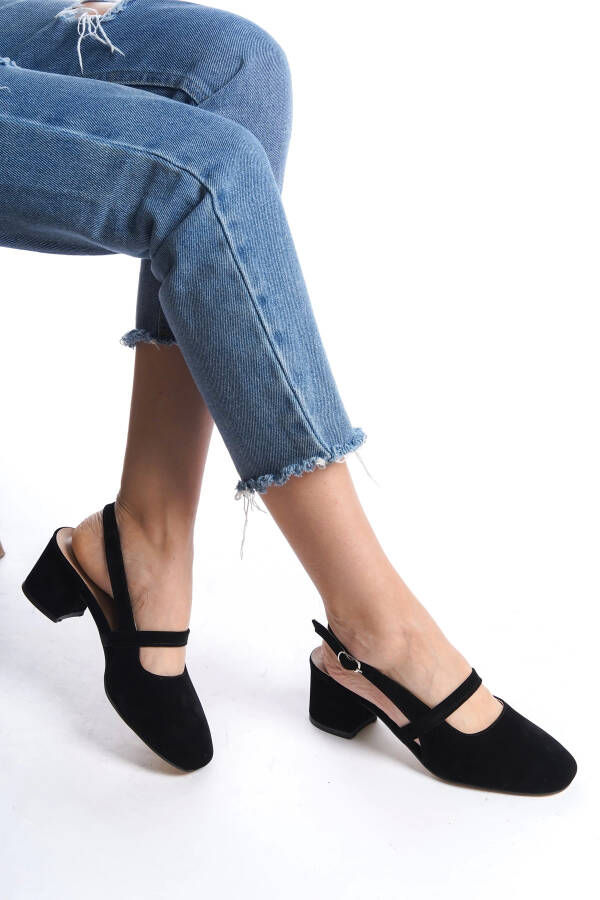 Women's Open Back Buckle Detailed Comfortable 5 cm Classic Heeled Shoes DRK020 - Black Suede - 1