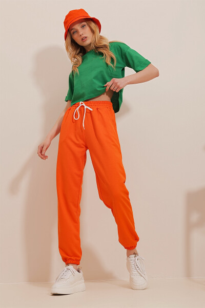 Women's Orange Basic Tracksuit Bottoms with Elastic Waistband and Cuffs ALC-X5902 - 3