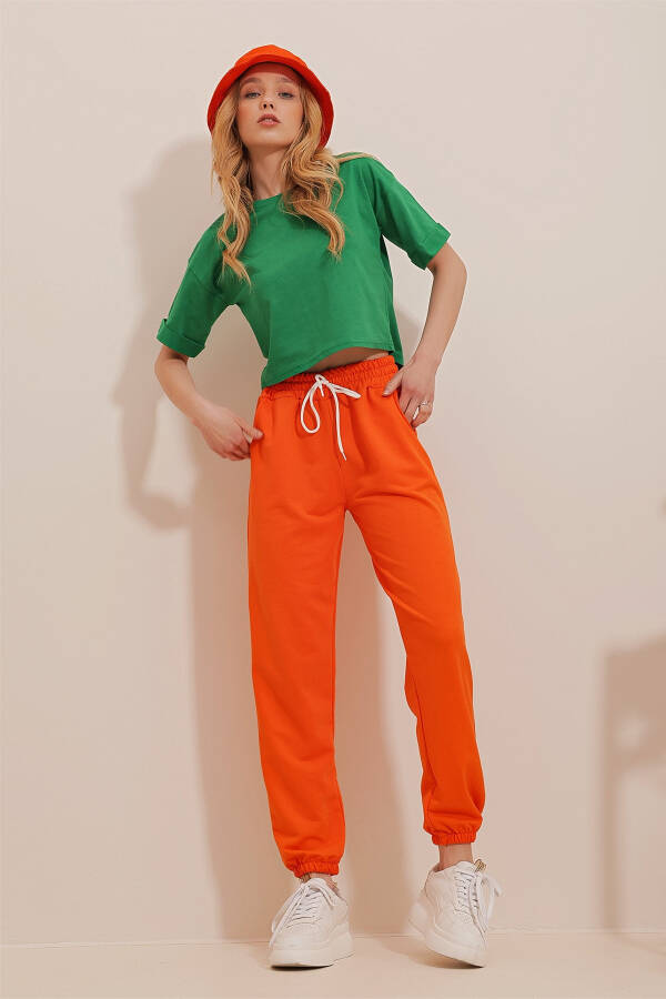 Women's Orange Basic Tracksuit Bottoms with Elastic Waistband and Cuffs ALC-X5902 - 4