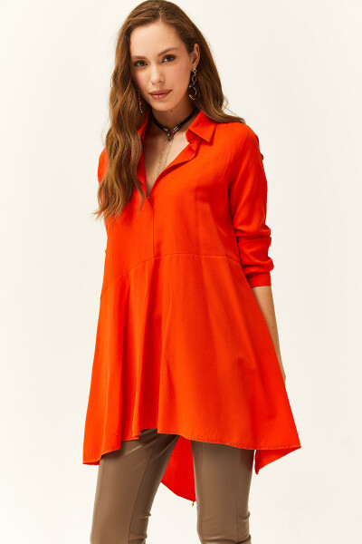 Women's Orange Shirt Collar Asymmetric Tunic - 1