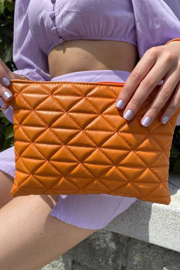 Women's Orange Triangle Pattern Portfolio Clutch Handbag - 3