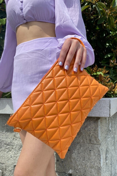 Women's Orange Triangle Pattern Portfolio Clutch Handbag - 4