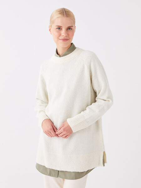 Women's Oversize Crew Neck Long Sleeve Tricot Sweater - 2