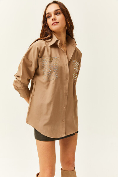 Women's Oversized Shirt with Vison Pocket and Staple Detail GML-19001167 - 1