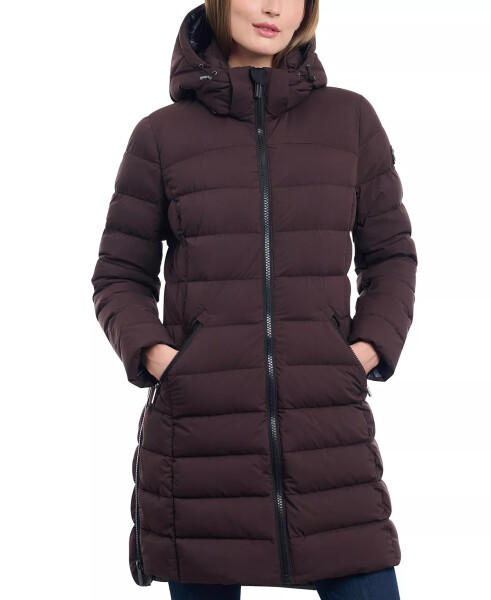 Women's Petite Hooded Faux-Leather-Trim Puffer Coat, Created for Macy's Chocolate - 1