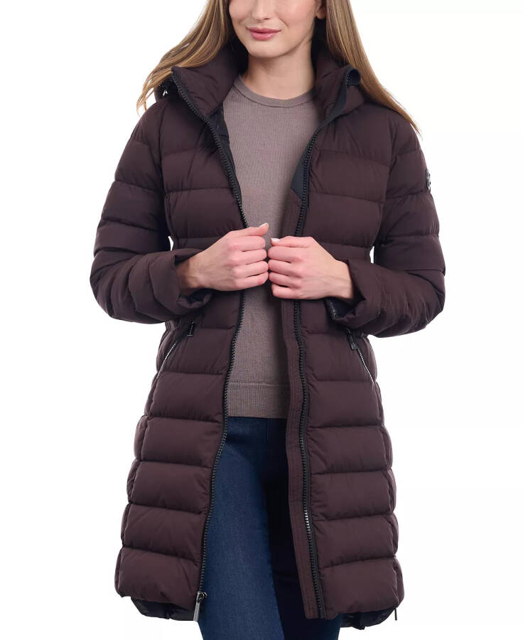 Women's Petite Hooded Faux-Leather-Trim Puffer Coat, Created for Macy's Chocolate - 4