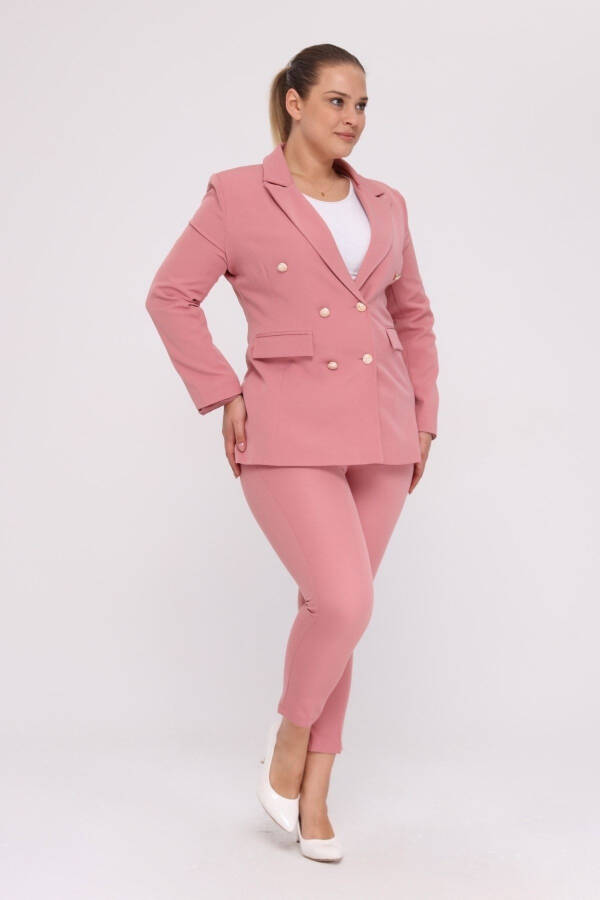 Women's Pink Blazer Jacket with Belt Pockets Wide Leg Trousers Plus Size Suit - 3