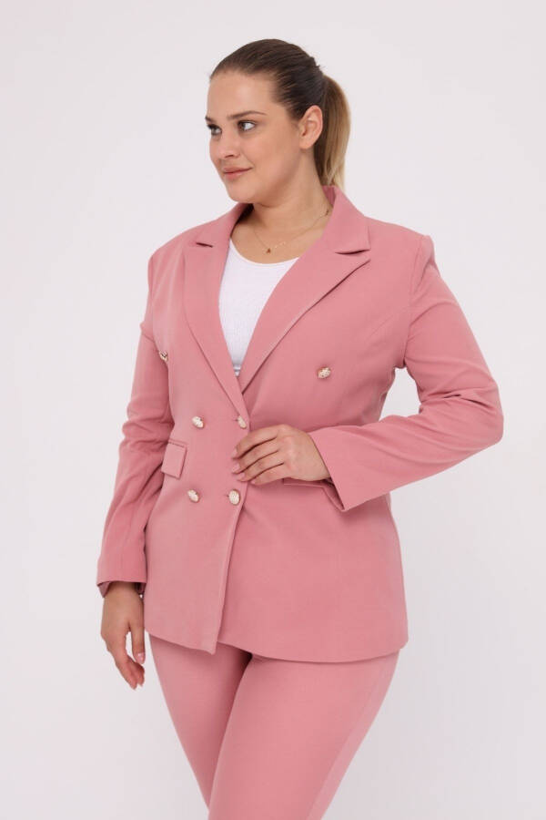 Women's Pink Blazer Jacket with Belt Pockets Wide Leg Trousers Plus Size Suit - 4