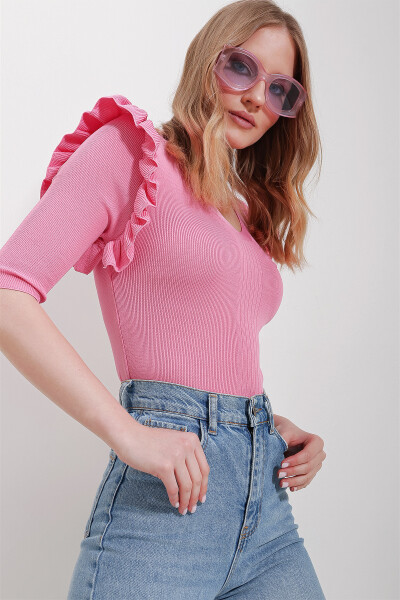 Women's Pink V-Neck Ruffle Sleeve Knit Blouse ALC-X11557 - 1