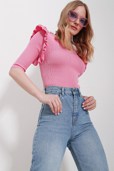 Women's Pink V-Neck Ruffle Sleeve Knit Blouse ALC-X11557 - 3