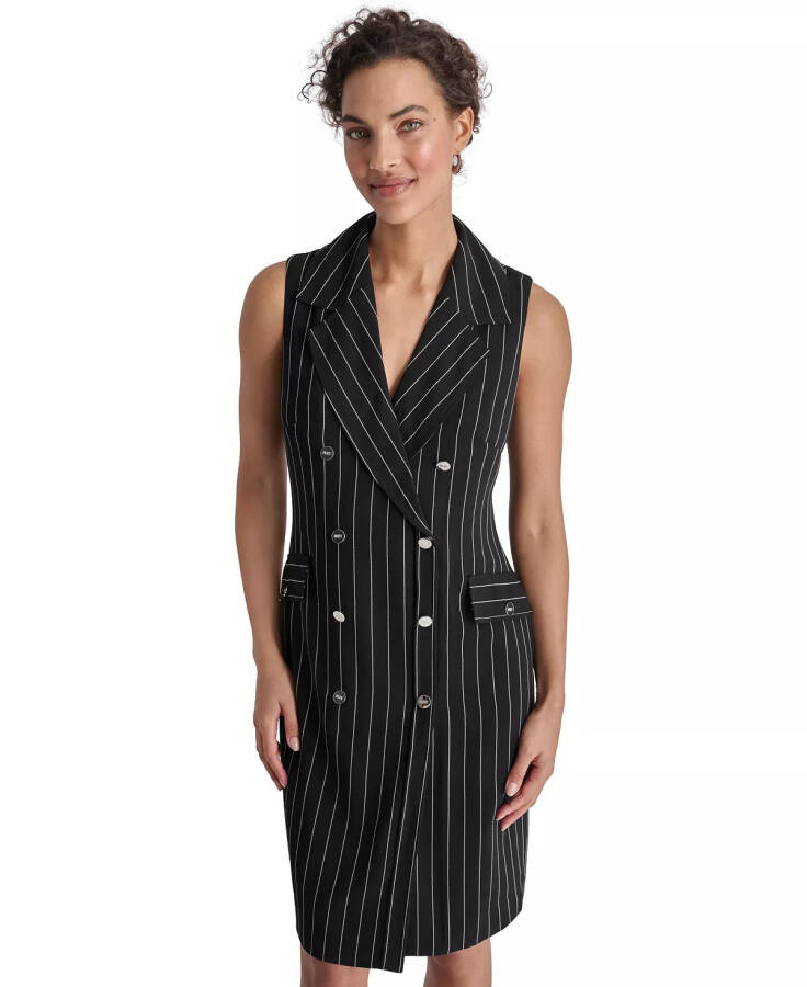 Women's Pinstriped Double-Breasted Blazer Dress Black - 4