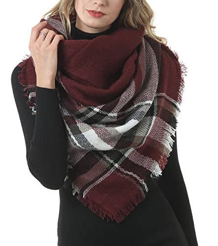 Women's Plaid Blanket Winter Scarf, Warm Cozy Tartan Wrap Oversized Shawl Winter Scarves for Women - 1