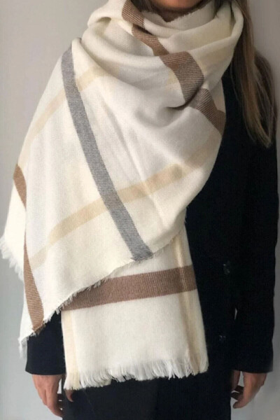 Women's Plaid Pattern Cream Scarf - 10