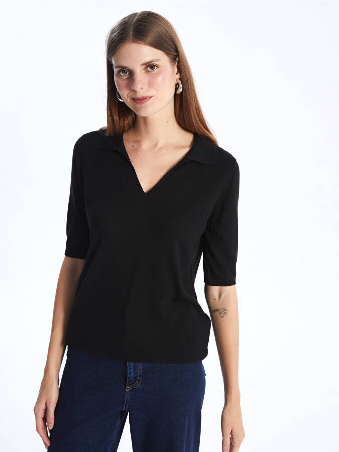 Women's Plain Short Sleeve Polo Knit Sweater - 1