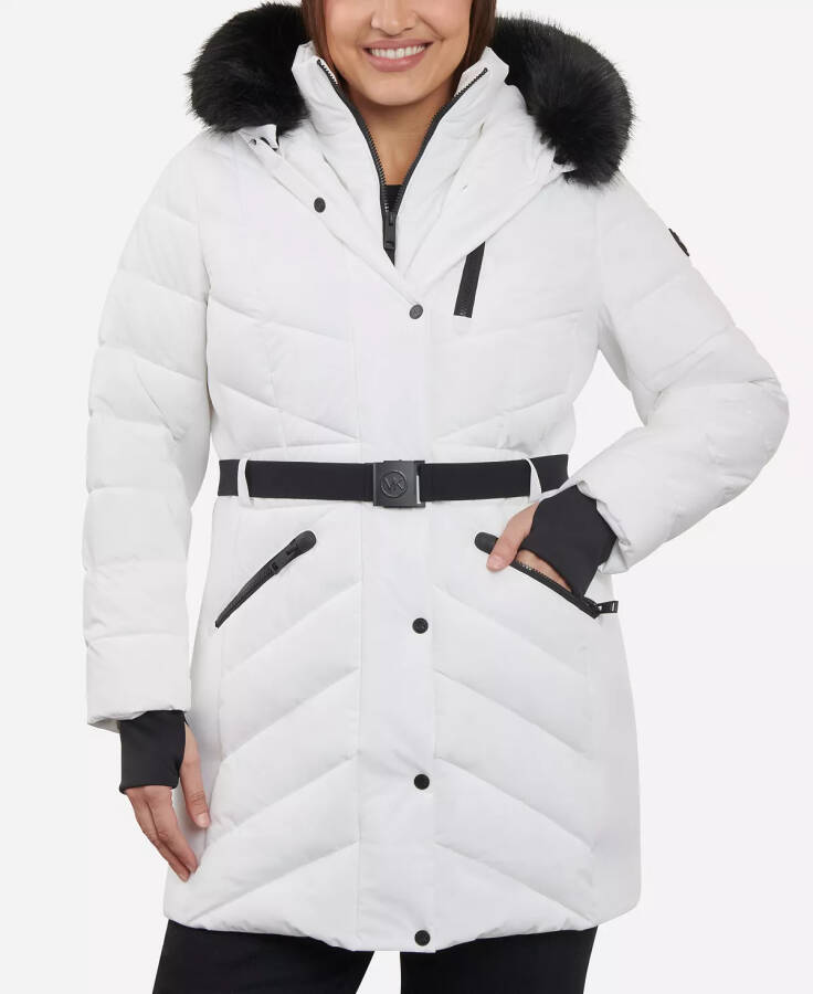 Women's Plus Size Belted Faux-Fur-Trim Hooded Puffer Coat White - 1