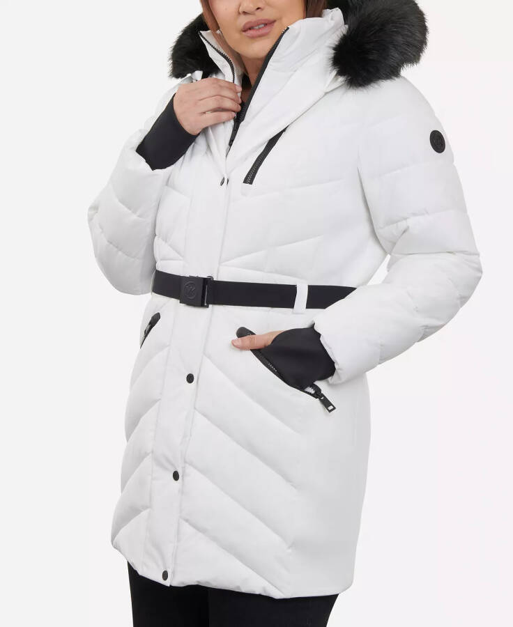 Women's Plus Size Belted Faux-Fur-Trim Hooded Puffer Coat White - 3