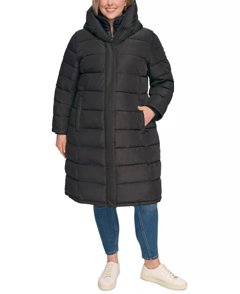 Women's Plus Size Bibbed Hooded Puffer Coat Black - 1