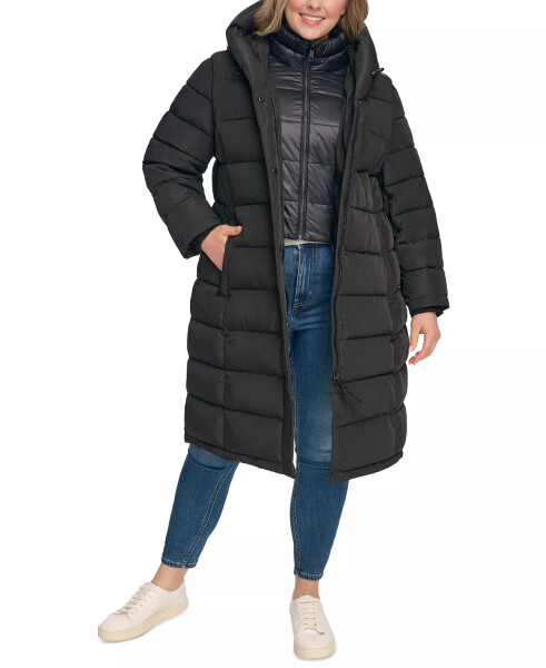 Women's Plus Size Bibbed Hooded Puffer Coat Black - 5