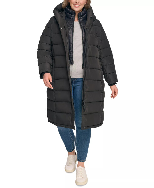 Women's Plus Size Bibbed Hooded Puffer Coat Black - 6