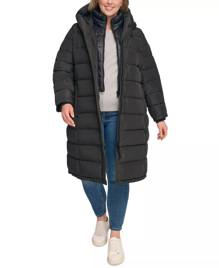 Women's Plus Size Bibbed Hooded Puffer Coat Black - 6